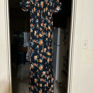 Floral Maxi Dress - Black and Orange
